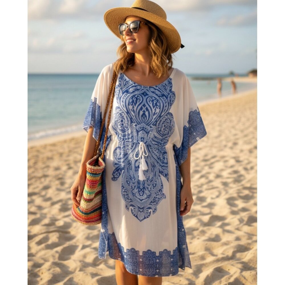 Boho Beach Cover-Up Dress With Blue Paisley Print Sheer Kimono-Style Waist L-XL
